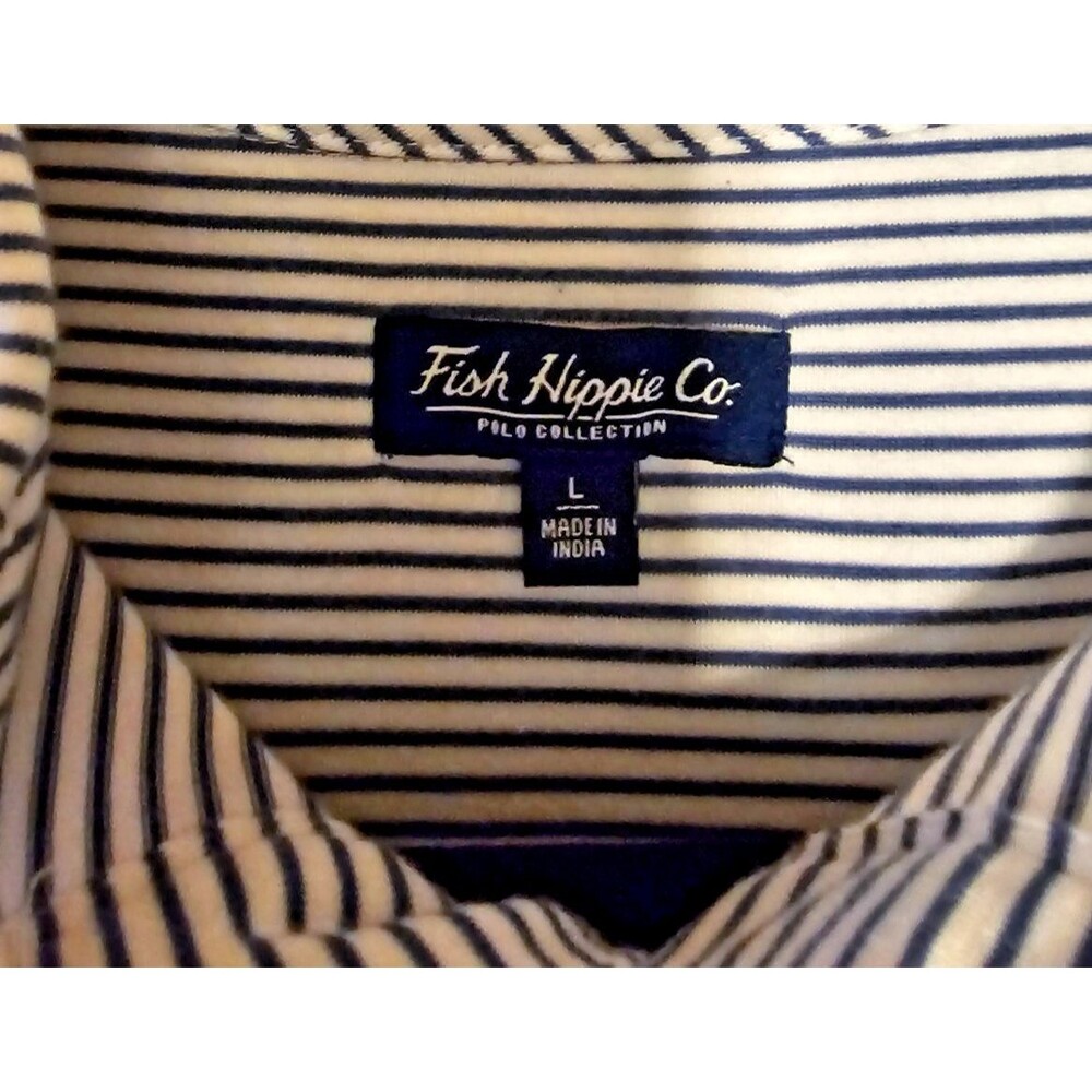 Fish Hippie Polo Shirt Blue Striped Casual Outdoor Golf Fish Sz L Pima/spandex - Picture 4 of 5